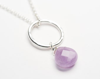 february birthstone, amethyst drop off hammered sterling silver circle necklace, gift for her