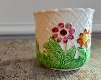Vintage Ceramic Basketweave Planter Spring Flowers Made in Japan | Small African Violet Plant Pot | Colorful Cute Home Decor | Cottagecore