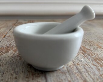 Vintage Miniture Mortar and Pestle White Ceramic | Vitrified China Herb Spice Mulling | Kitchen Analog Cooking | Homesteading | Apothecary