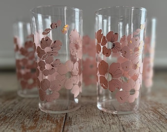 Vintage Pink Gold Dogwood Flower Glassware Set of 5 | 1940s Floral Drinkware Tumblers | Mid-Century Kitchy Kitchen Tabletop