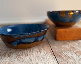 Vintage NC Art Pottery Blue Brown Drip Glaze Serving Bowls Signed LW | 1990s Floating Combo Glaze Dish | Primitive Rustic Earthenware