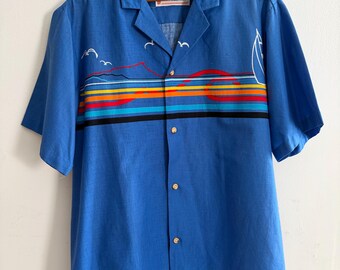 Vintage Men's Malihini Hawaii Camp Shirt Blue Rainbow Wave Pattern | Short Sleeve Tropical Sailboat Button Down | Surfer