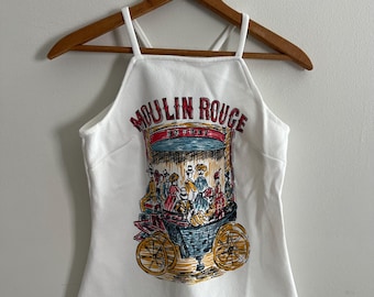 Vintage Women’s Moulin Rouge Handmade Tank Top | 1970s High Neck Spaghetti Strap Graphic Cami | Coquette Parisian Pin Up