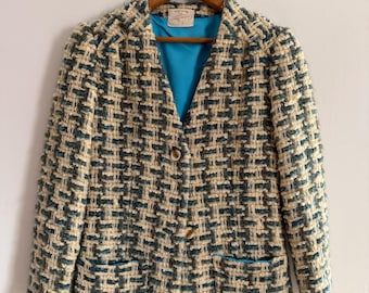 Vintage Womens Bouclé Jacket Handmade Cream Blue | Textured Knit Collarless French Elegance Blazer | Quiet Luxury Sophisticated Fashion