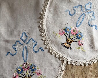 Vintage Oval Linen Embroidered Flower Basket Doillie Pair | Handmade Spring Floral Tatted Trim Decorative Dresser Scarf | Pastel Easter