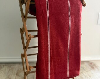 Vintage Mon Repos Alpaca Wool Deep Red Stripe Twin Blanket | Peruvian Artisan Handmade Traditional Heritage Throw | Natural Fiber Bedding