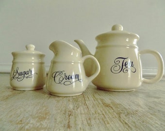 Vintage Blue and White Tea Set | Ivory Ironstone with Blue Script Tea Service | Teapot Cream and Sugar Set  | Cottage Core