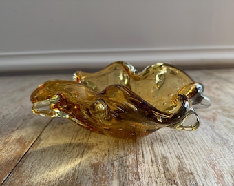 Mid-Century Blown Art Glass Ashtray Bullicante Amber | Vintage Controlled Bubble Murano Style Ruffle Edge Low Trinket Dish | Collectible