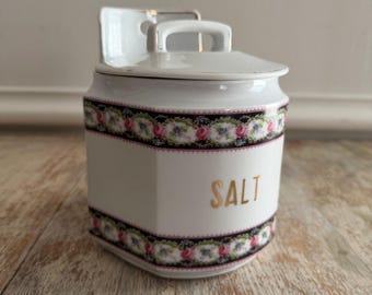Antique German Porcelain Salt Box | Ceramic Wall Mount Pinch Spice Jar Chinz Floral | Country Cottage Kitchen