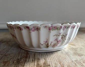 Antique Merkelsgrun Porcelain Lavender Handpainted Floral Serving Bowl | Fine China Gold Rim Austrian China Round Dish | Formal Dinnerware