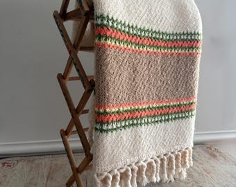 Vintage Chunky Knit Neutral Stripe Fringe Handmade Throw Blanket | Tan Brown Green Knit Afghan | Boho Cozy Home