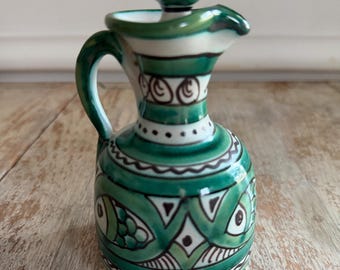 Vintage Spanish Pottery Green Fish Pattern Cruet Unsigned | Earthenware Handpainted Small Vinegar or Oil Pitcher | Charcuterie Board