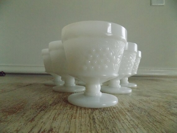 Vintage Milk Glass Grape Pattern Footed Sorbet Coupes Mini Compotes or  Dessert Cups 