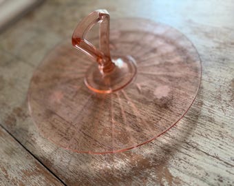Vintage Pink Depression Glass Etched Flower Sunburst Tidbit Tray Handle | Round 1940s Pastel Serving Sandwich or Cookie Tray | Grandmacore