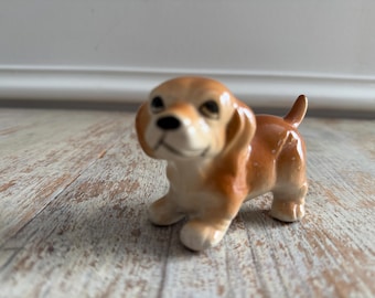 Mid-Century Puppy Ceramic Figurine | Tan Beagle Dog Figural Knick-Knack | Heritage Decor Traditional Home Hunt Club