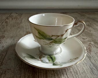 Theodore Haviland NY Orange Blossom Tea Cup  | Mid Century Fine China Green White Floral Gold Trim Cup and Saucer | Grandmacore Old Money