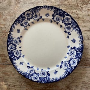 May include: A white ceramic dinner plate with a blue floral design. The plate has a scalloped edge and features a repeating pattern of blue roses and leaves.