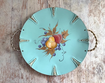 Vintage Handpainted by Lori Tole Serving Tray Fruit Motif | Double Handle Metal Mid-Century Cake Or Dessert Platter | Hostess Entertaining