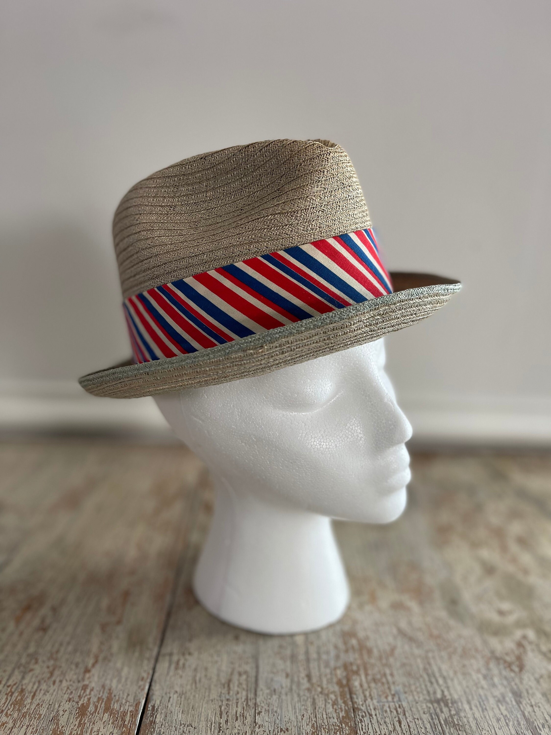 Vintage Straw Short Brim Fedora with Red White Blue Band | Mid Century Trilby Hat | Mens 6 7/8 Ford Baxter Summer Hat | Eclectic Grandpa