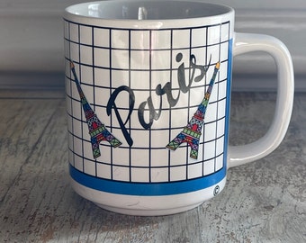 Vintage 1980s Paris  Eiffel Tower Mug | Post Modern Style Grid Paris Souvenir Coffee Mug | Rainbow Eiffel Tower | France Travel