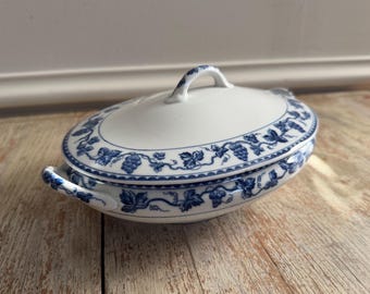Antique Royal Sometuke Blue White Nippon Covered Serving Dish | Handpainted Sicily Oval Grapevine Pattern | Old Money Grand Millennial Home