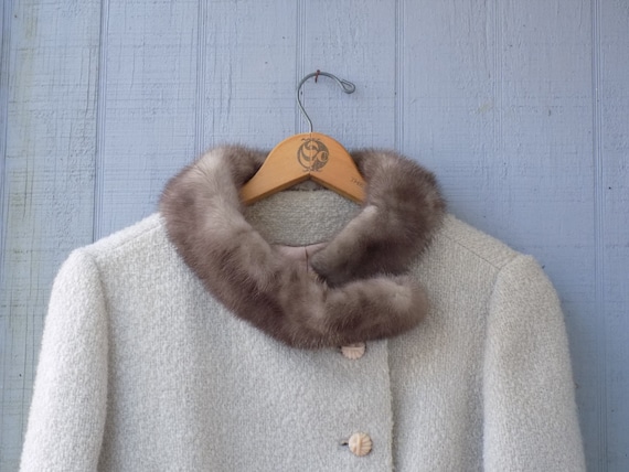 Vintage Mink Collar Ivory Wool Blend Bouclé Jacket