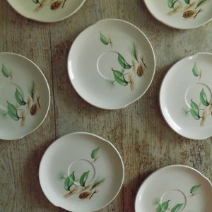 May include: Set of six white ceramic saucers with a green and brown pine cone design. The saucers have a raised rim and a center depression.
