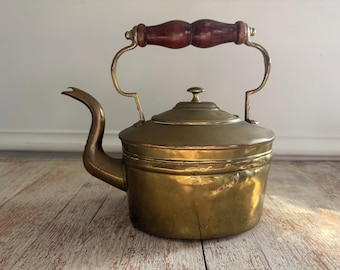 Antique Brass Moorish Teapot | Rustic Wood Handle Long Spout Kettle | Flaws | Cottagecore Primitive Old World Classic Kitchen