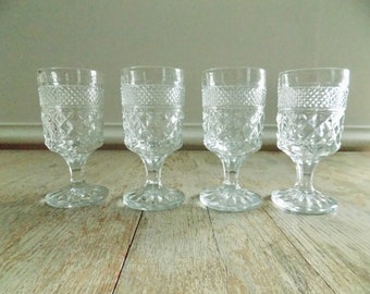Vintage Wexford by Anchor Hocking Clear Cut Glass Claret Wine Glasses | Diamond Pattern Cut Glass Coridal Glasses | Vintage Stemware