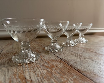 Vintage Anchor Hocking Laurel Berwick Boopie Low Champagne Glasses or Sherbet Cups | Mid Century Clear Etched Glass Bubble Stem Dessert Cups