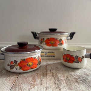 May include: Set of three vintage enamel pots with floral designs. The pots are white with brown and orange flowers. The largest pot has a brown lid.