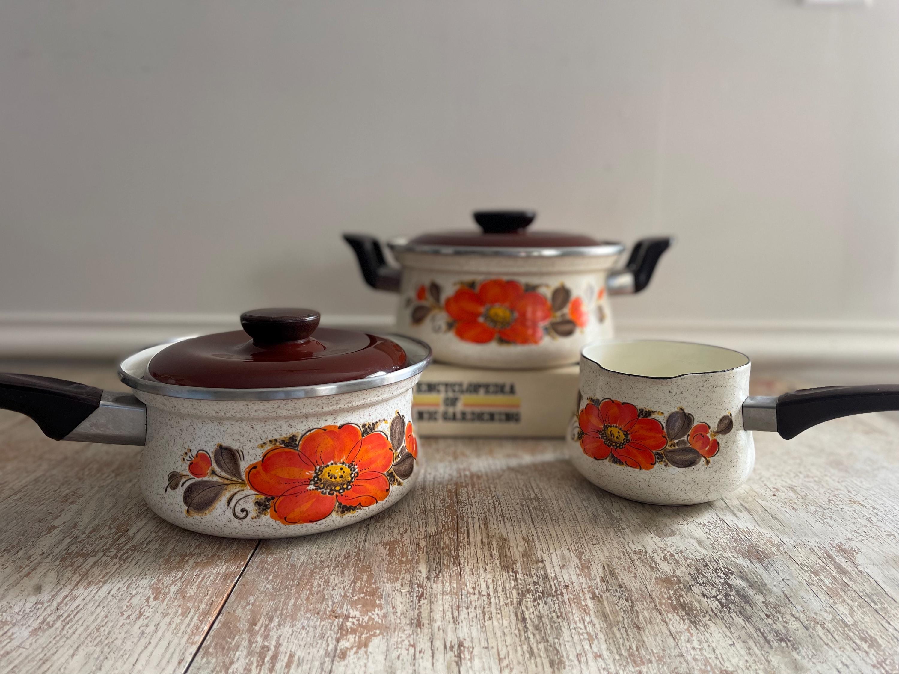 Vintage Sanko Ware Japan Show Pans Set | Orange Floral Porcelain