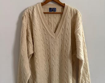 Vintage Men's 1970s Pendleton Beige Wool Cable-Knit Sweater Size XL  FLAWED | Classic V-Neck Cream Fisherman Pullover | Preppy Old Money