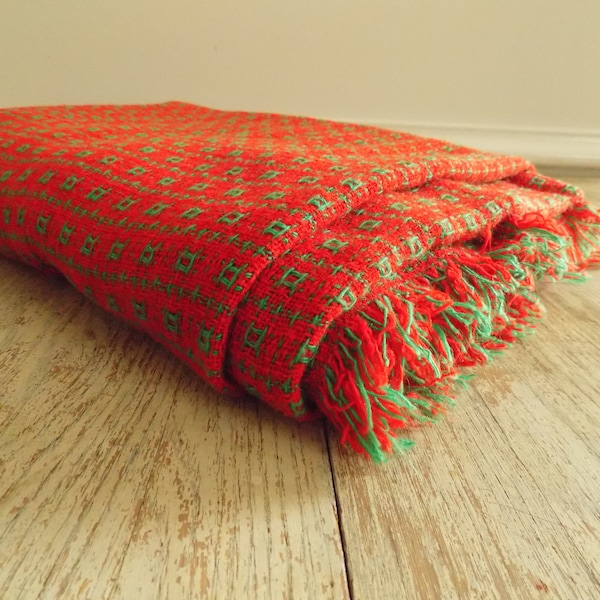 Vintage Orange and Green Tablecloth with Fringe | Knit Table Cover Rectangle | Lightweight Bed Throw | Vintage Boho Linens
