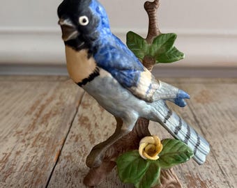 Vintage Blue Jay on Branch Figurine Made in Taiwan | Ceramic Porcelain Spring Bird Figural Knick Knack | Nature Wildlife Home Decor