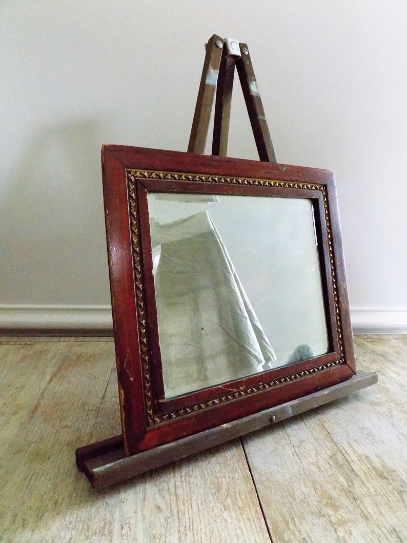 Antique Silvered Glass Mirror In Solid Wood Frame Gold Trim Rustic Mercury Beveled