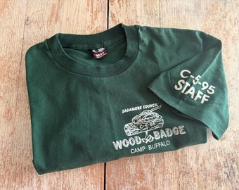 Vintage Camp Buffalo Sagamore Council Wood Badge Single Stitch T-shirt Adult XL | 1995 Boy Scouts Camp Staff Tee Hunter Green | Cabincore