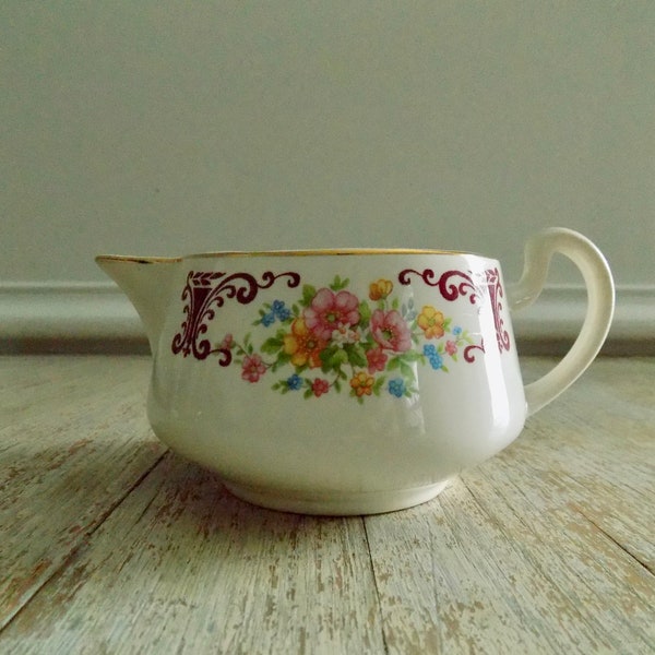 Vintage Homer Laughlin 'Brittany' Open Creamer | PInk Floral and Burgandy Coffee Cream Pitcher | Cottage Style | Odd China | Replacements