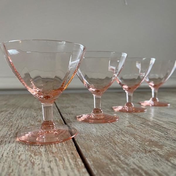 Vintage Cambridge Pink Optic Low Champagne or Sherbet Glasses | 1940s Depression Glass Set of 4 Cocktail Glasses | Blown Glass