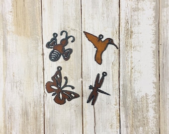 Bumble Bee, Hummingbird, Dragonfly and Butterfly Rusty Metal Charms Made in the USA