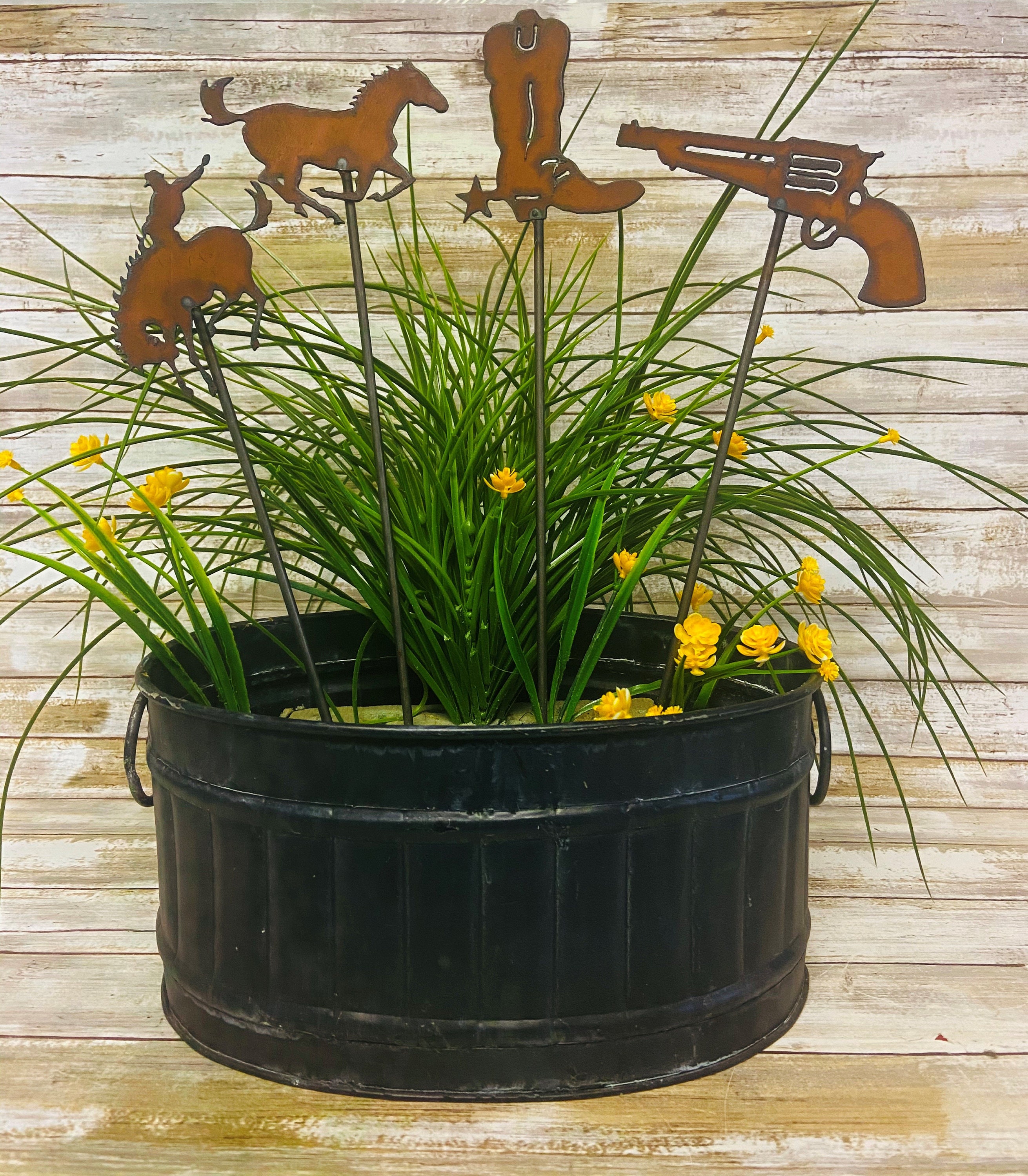 Horse,Wyoming  Bronc Rider, Boot and Gun Rusty Plant Sticks Made in the USA