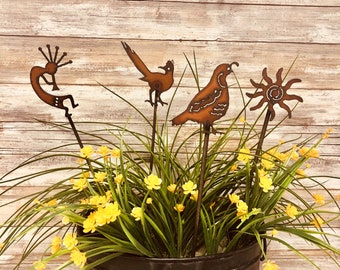 Quail Plant Stake  Roadrunner Sun Kokopelli Plant Stake Made in The USA rusted Recycled Metal