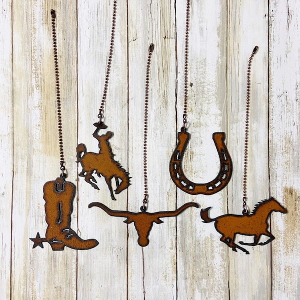 Western Themed Fan Pulls made of rusted recycled metal made in the USA