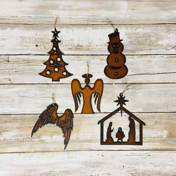 Angel Nativity Angel Wings Christmas Tree Snow Man Christmas Ornaments Made of rusted recycled Metal Made in the USA