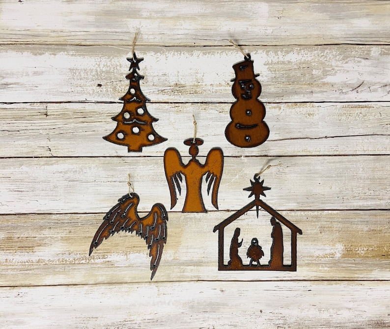 Angel Nativity Angel Wings Christmas Tree Snow Man Christmas Ornaments Made of rusted recycled Metal Made in the USA image 1