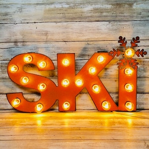 Ski Marquee Rusted Metal Vintage Inspired Lighted Sign