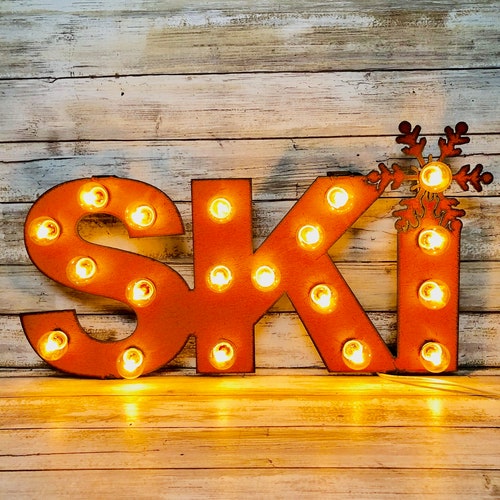 Ski Marquee Rusted Metal Vintage Inspired Lighted Sign Etsy