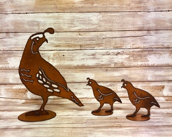 Quail Yard art Made out of Rusted Recycled Metal Made in the Usa