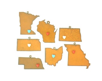 Midwest States With Heart Magnet Rusty Metal Ornament Assortment