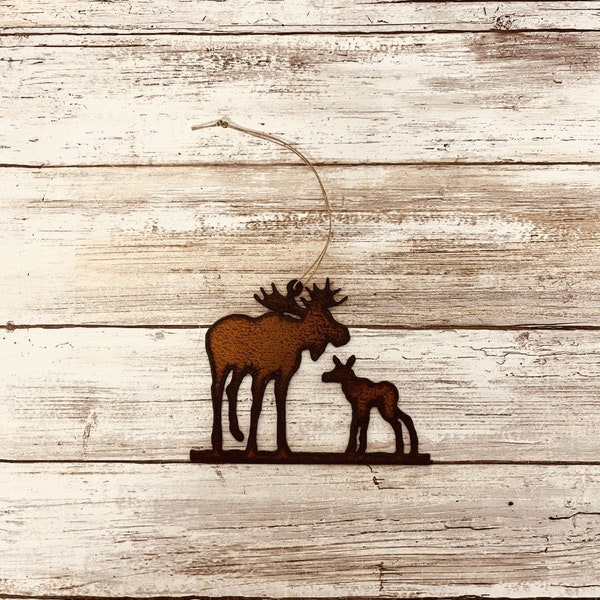 Moose and Baby Lodge Rustic Metal Ornament christmas tree decoration